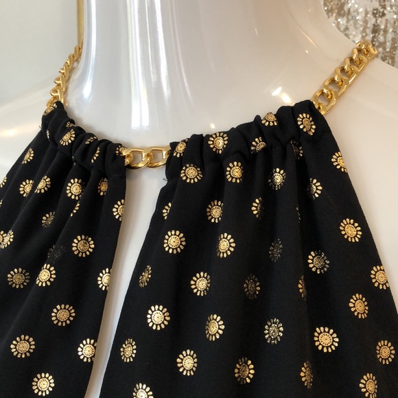 Michael Kors Tops - MICHAEL KORS BLACK WITH GOLD METALLIC PRINT AND GOLD CHAIN HALTER TOP